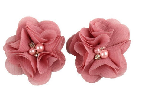 2pcs Lovely Girls Mini Chiffon Flowers with Pearl Rhinestone Center Hair Clips Lace Flower for Hair Accessories