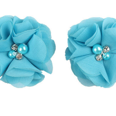 2pcs Lovely Girls Mini Chiffon Flowers with Pearl Rhinestone Center Hair Clips Lace Flower for Hair Accessories