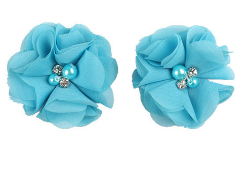 2pcs Lovely Girls Mini Chiffon Flowers with Pearl Rhinestone Center Hair Clips Lace Flower for Hair Accessories