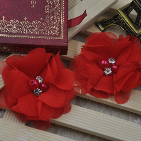 2pcs Lovely Girls Mini Chiffon Flowers with Pearl Rhinestone Center Hair Clips Lace Flower for Hair Accessories