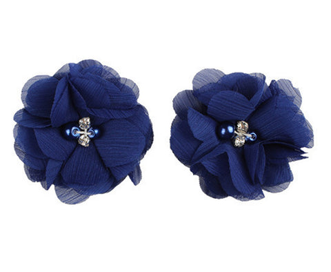 2pcs Lovely Girls Mini Chiffon Flowers with Pearl Rhinestone Center Hair Clips Lace Flower for Hair Accessories