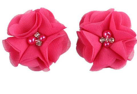 2pcs Lovely Girls Mini Chiffon Flowers with Pearl Rhinestone Center Hair Clips Lace Flower for Hair Accessories