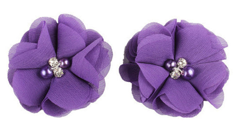 2pcs Lovely Girls Mini Chiffon Flowers with Pearl Rhinestone Center Hair Clips Lace Flower for Hair Accessories