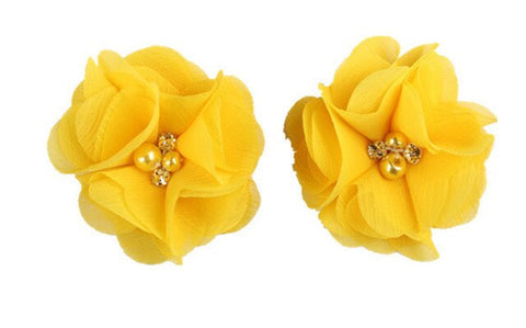 2pcs Lovely Girls Mini Chiffon Flowers with Pearl Rhinestone Center Hair Clips Lace Flower for Hair Accessories