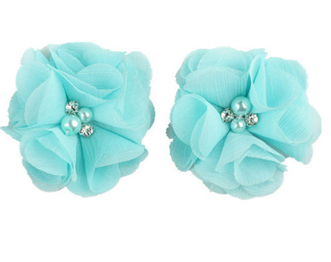 2pcs Lovely Girls Mini Chiffon Flowers with Pearl Rhinestone Center Hair Clips Lace Flower for Hair Accessories