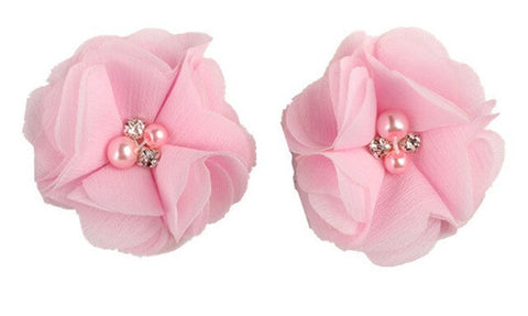 2pcs Lovely Girls Mini Chiffon Flowers with Pearl Rhinestone Center Hair Clips Lace Flower for Hair Accessories