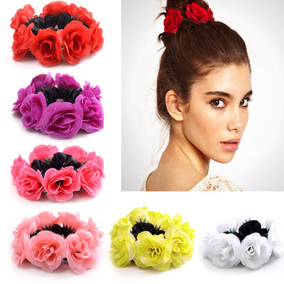 Big Rose Flower Elastics Hair Holders Rubber Bands Girls Women Cute Tie Gum Fabric Hot Wreaths Crowns Wedding Hair Accessories