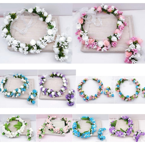 Handmade festival hair ribbon flower hair accessories artificial floral women girl wedding headband crown garland handwrist sets