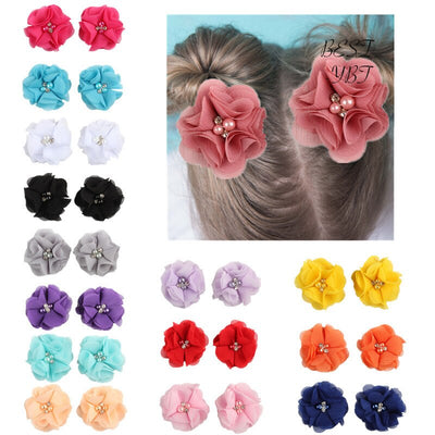 2pcs Lovely Girls Mini Chiffon Flowers with Pearl Rhinestone Center Hair Clips Lace Flower for Hair Accessories