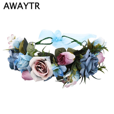 AWAYTR Bride Women Flower Crown Hair Band Floral Headband Garland Ribbon Bow Girl Flower Wreath Wedding Hair Accessories