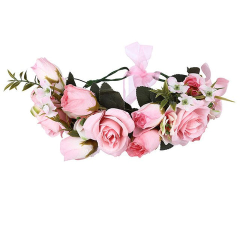 AWAYTR Bride Women Flower Crown Hair Band Floral Headband Garland Ribbon Bow Girl Flower Wreath Wedding Hair Accessories