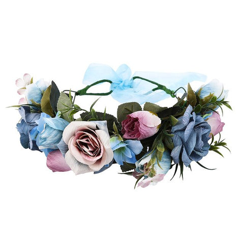 AWAYTR Bride Women Flower Crown Hair Band Floral Headband Garland Ribbon Bow Girl Flower Wreath Wedding Hair Accessories