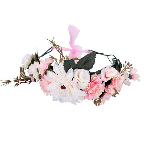 AWAYTR Bride Women Flower Crown Hair Band Floral Headband Garland Ribbon Bow Girl Flower Wreath Wedding Hair Accessories