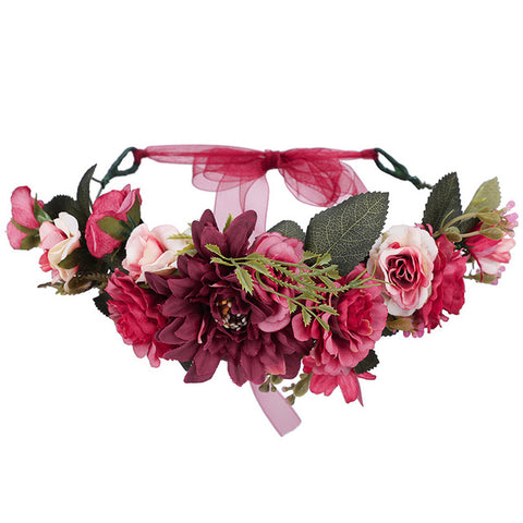 AWAYTR Bride Women Flower Crown Hair Band Floral Headband Garland Ribbon Bow Girl Flower Wreath Wedding Hair Accessories