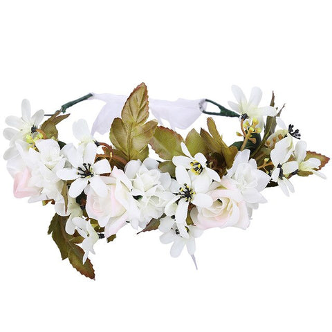 AWAYTR Bride Women Flower Crown Hair Band Floral Headband Garland Ribbon Bow Girl Flower Wreath Wedding Hair Accessories