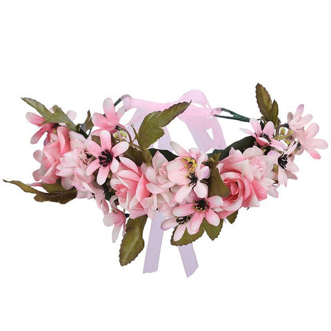 AWAYTR Bride Women Flower Crown Hair Band Floral Headband Garland Ribbon Bow Girl Flower Wreath Wedding Hair Accessories