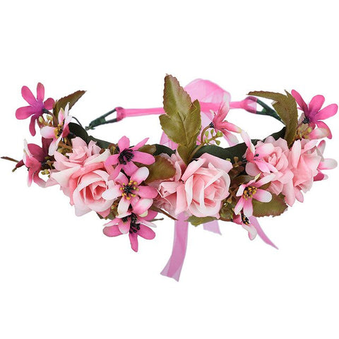 AWAYTR Bride Women Flower Crown Hair Band Floral Headband Garland Ribbon Bow Girl Flower Wreath Wedding Hair Accessories