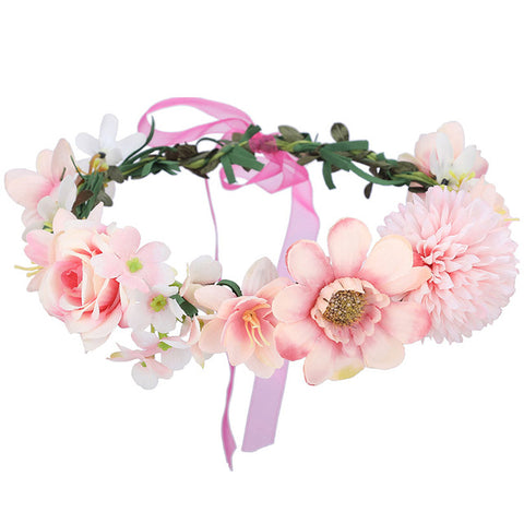 AWAYTR Bride Women Flower Crown Hair Band Floral Headband Garland Ribbon Bow Girl Flower Wreath Wedding Hair Accessories