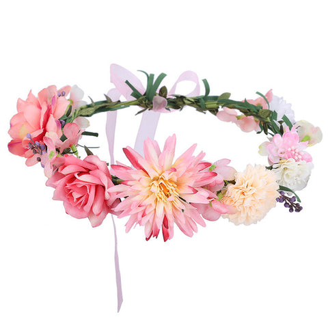 AWAYTR Bride Women Flower Crown Hair Band Floral Headband Garland Ribbon Bow Girl Flower Wreath Wedding Hair Accessories