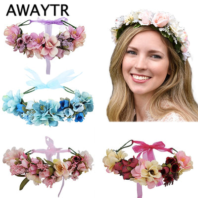 AWAYTR New Fashion Boho Bride Flower Crown Headdress Women Wedding Hair Accessories Wreath Girl Floral Headband for Party Photo