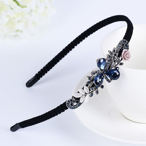 Korean Shining Red Blue Gray Rhinestone Women Headband Flower Crown Butterfly Bow Festival Fantastic Hair Accessories Fascinator