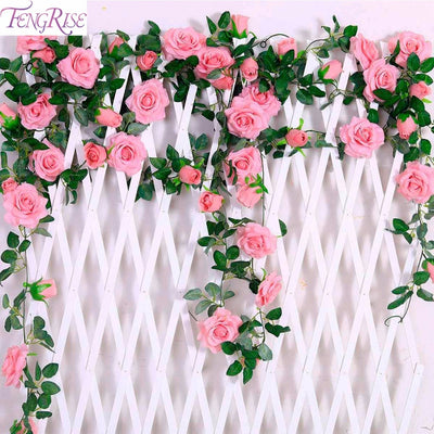 FENGRISE 2.4M/lot Silk Rose Flower With Ivy Vine Artificial Flowers for Home Wedding Decor Decorative Artificial Flower Garland