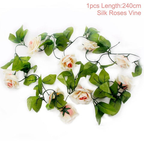 FENGRISE 2.4M/lot Silk Rose Flower With Ivy Vine Artificial Flowers for Home Wedding Decor Decorative Artificial Flower Garland