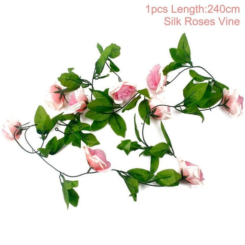 FENGRISE 2.4M/lot Silk Rose Flower With Ivy Vine Artificial Flowers for Home Wedding Decor Decorative Artificial Flower Garland