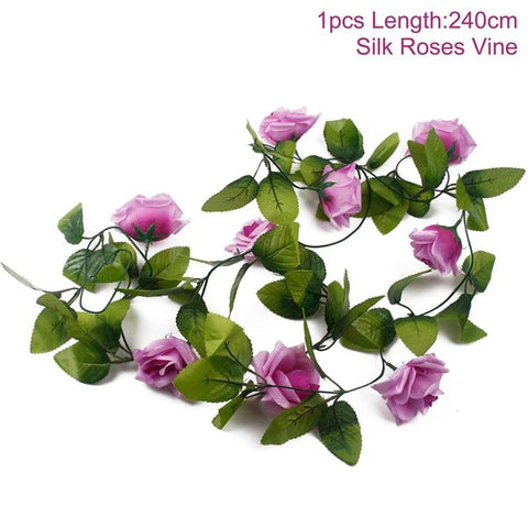 FENGRISE 2.4M/lot Silk Rose Flower With Ivy Vine Artificial Flowers for Home Wedding Decor Decorative Artificial Flower Garland