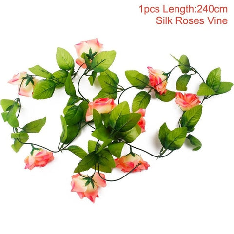 FENGRISE 2.4M/lot Silk Rose Flower With Ivy Vine Artificial Flowers for Home Wedding Decor Decorative Artificial Flower Garland