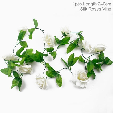 FENGRISE 2.4M/lot Silk Rose Flower With Ivy Vine Artificial Flowers for Home Wedding Decor Decorative Artificial Flower Garland