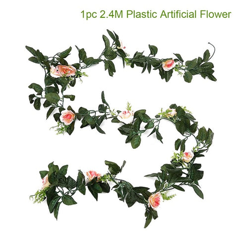 FENGRISE 2.4M/lot Silk Rose Flower With Ivy Vine Artificial Flowers for Home Wedding Decor Decorative Artificial Flower Garland