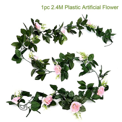 FENGRISE 2.4M/lot Silk Rose Flower With Ivy Vine Artificial Flowers for Home Wedding Decor Decorative Artificial Flower Garland