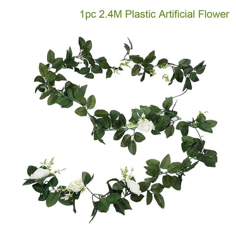 FENGRISE 2.4M/lot Silk Rose Flower With Ivy Vine Artificial Flowers for Home Wedding Decor Decorative Artificial Flower Garland