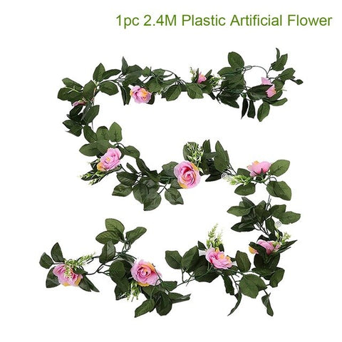 FENGRISE 2.4M/lot Silk Rose Flower With Ivy Vine Artificial Flowers for Home Wedding Decor Decorative Artificial Flower Garland